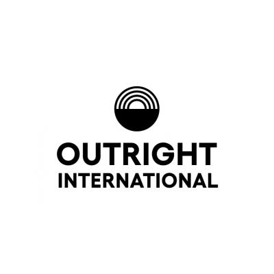 Black circle that is half solid and half rainbow on top of the words "Outright International."