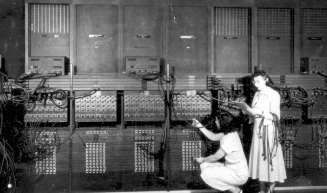 Photo credit: Programmers Marlyn Wescoff and Ruth Lichterman wiring the right side of the state-of-the-art ENIAC computer in the 1940s - U.S. Army Photo – Public Domain